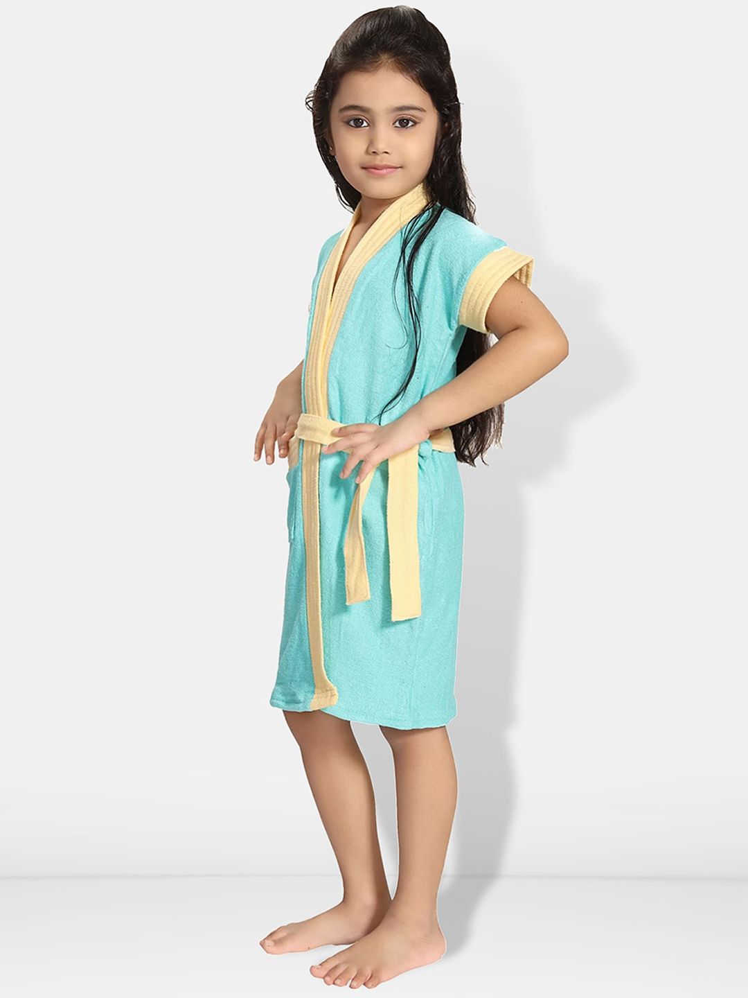 Two-Tone Blue Solid Cotton Drawstring Knee Length Bath Robe