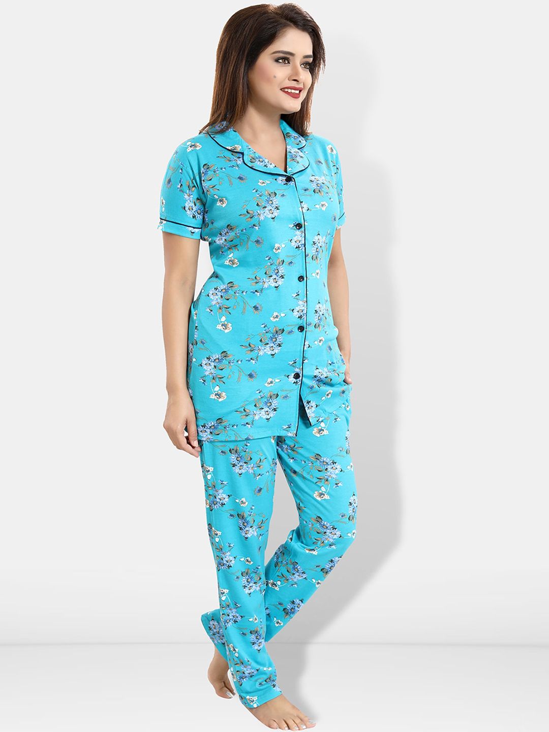 Pack Of 2 Printed Lapel Collar Pure Cotton Night suit