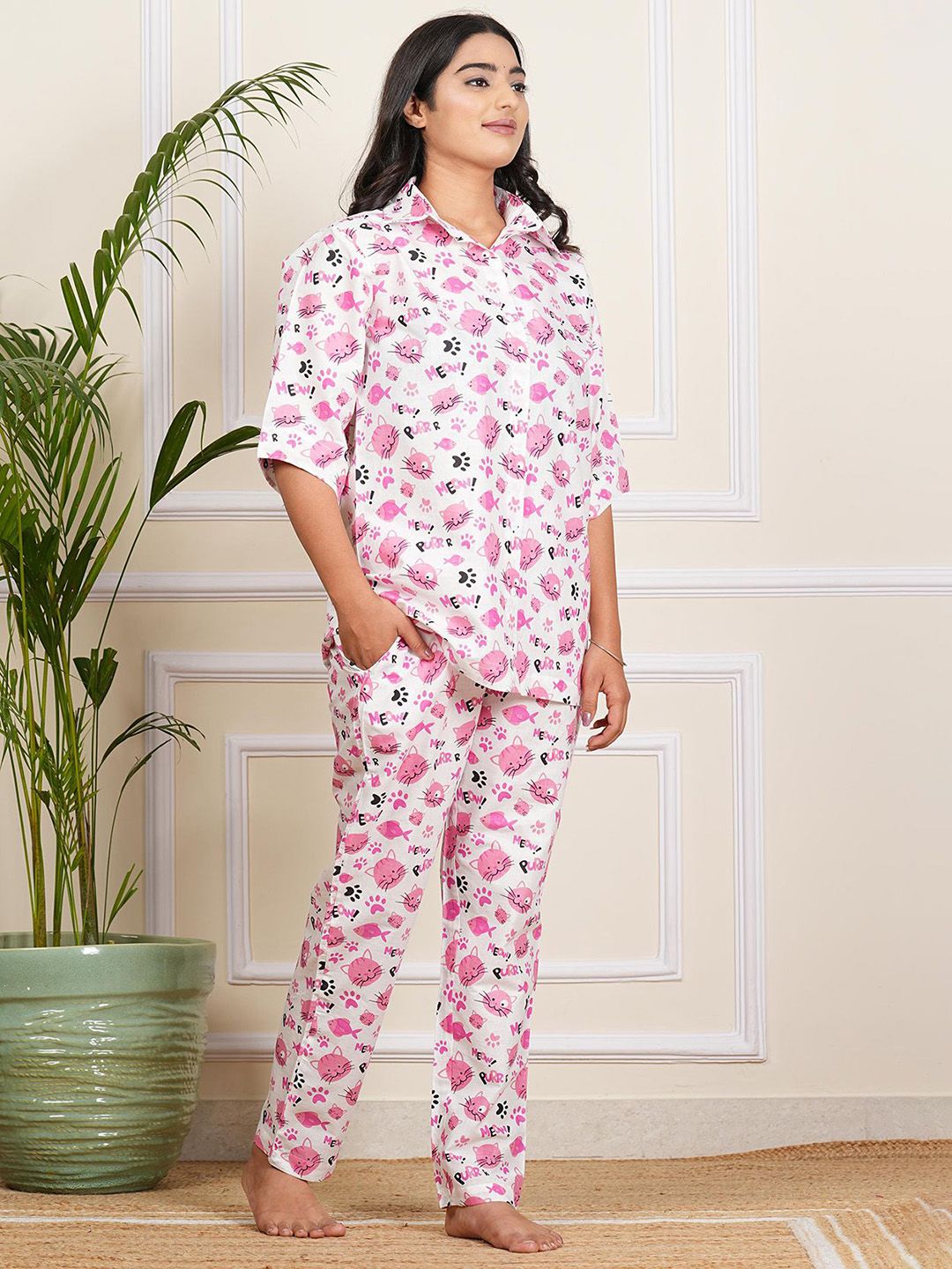 Floral Printed Short Sleeves Shirt With Pyjama