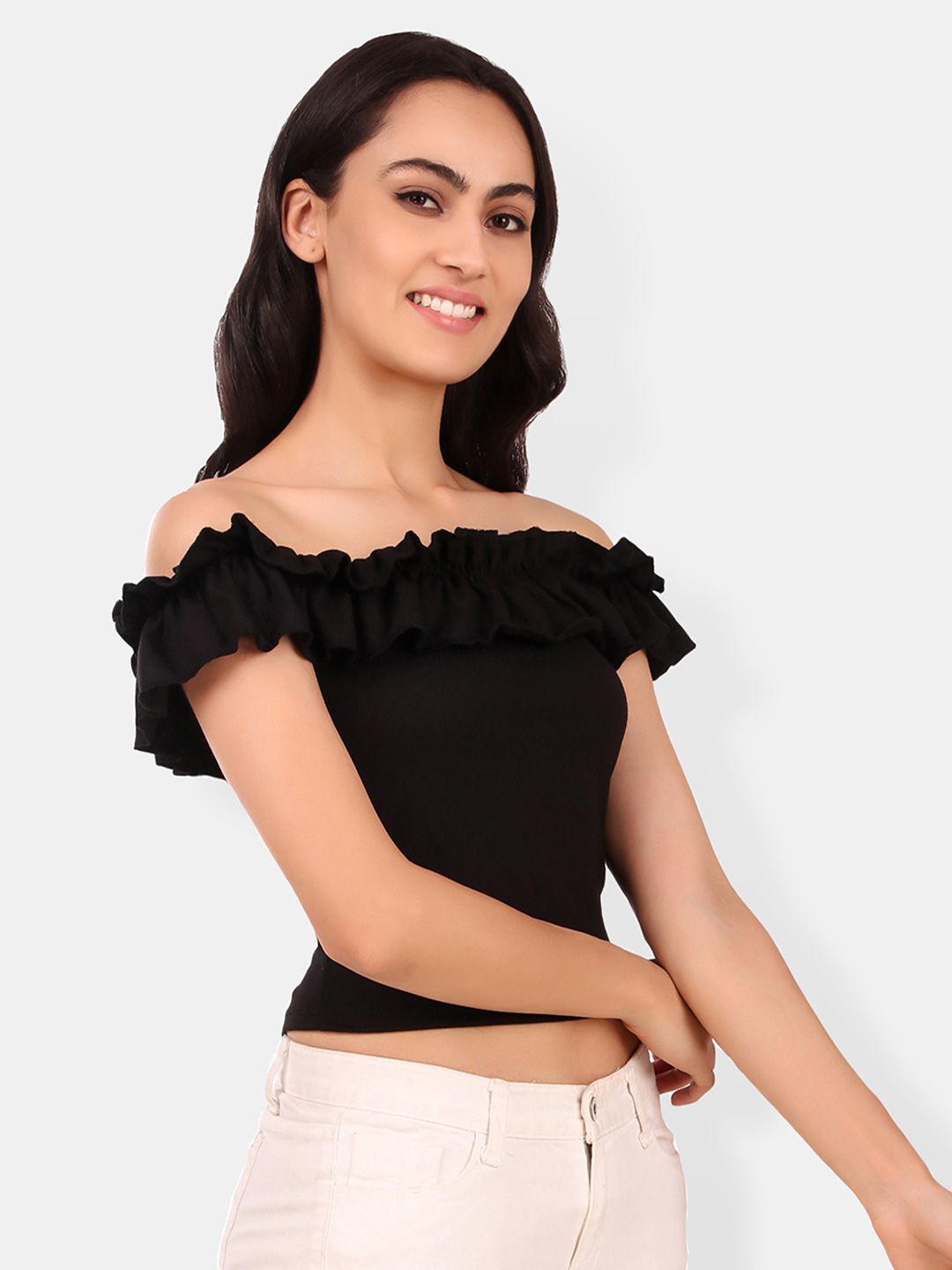 Off-Shoulder Flutter Sleeve Ruffles Cotton Bardot Crop Top