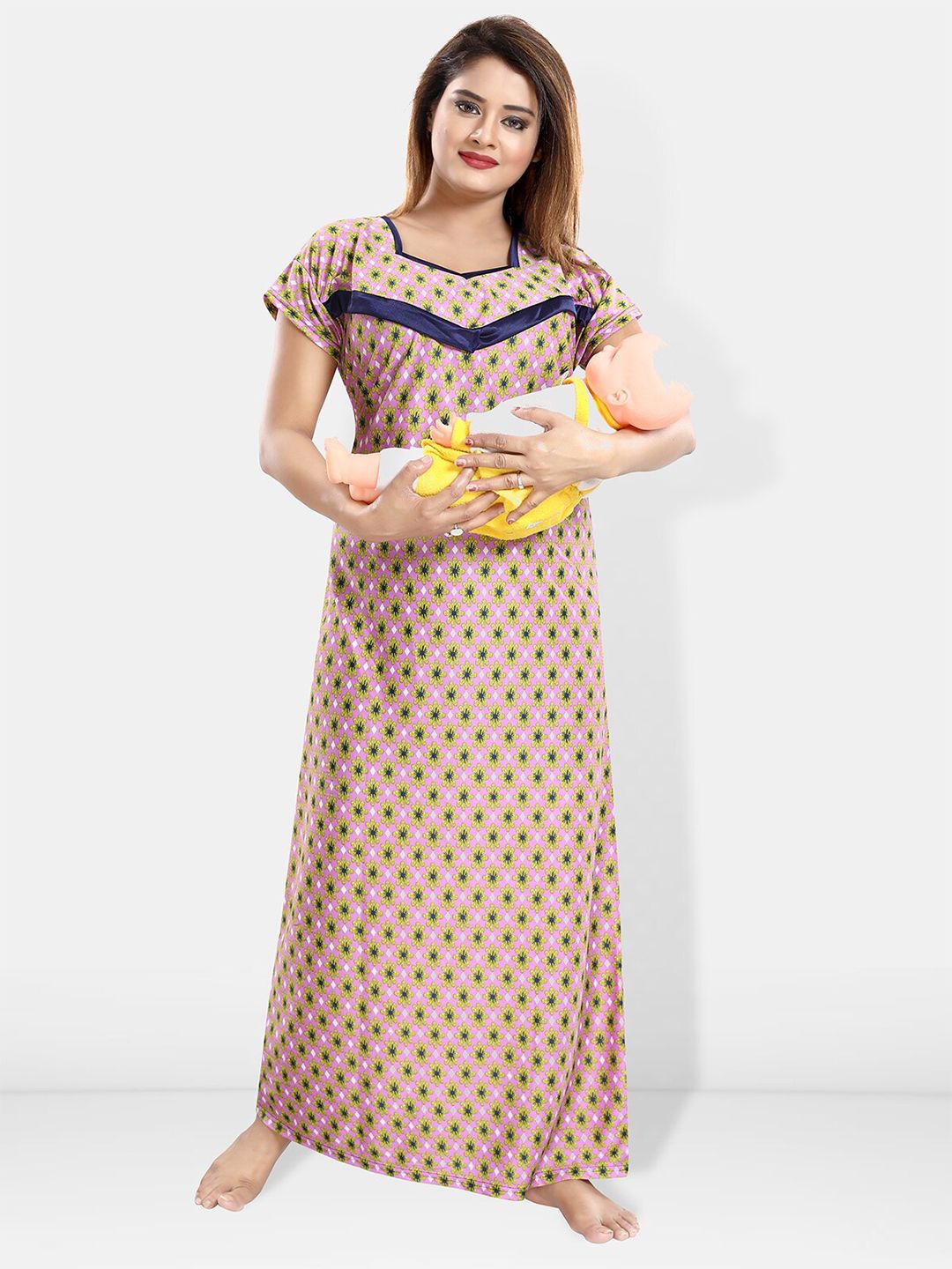 Be You Floral Printed Square Neck Satin Maternity Maxi Nightdress
