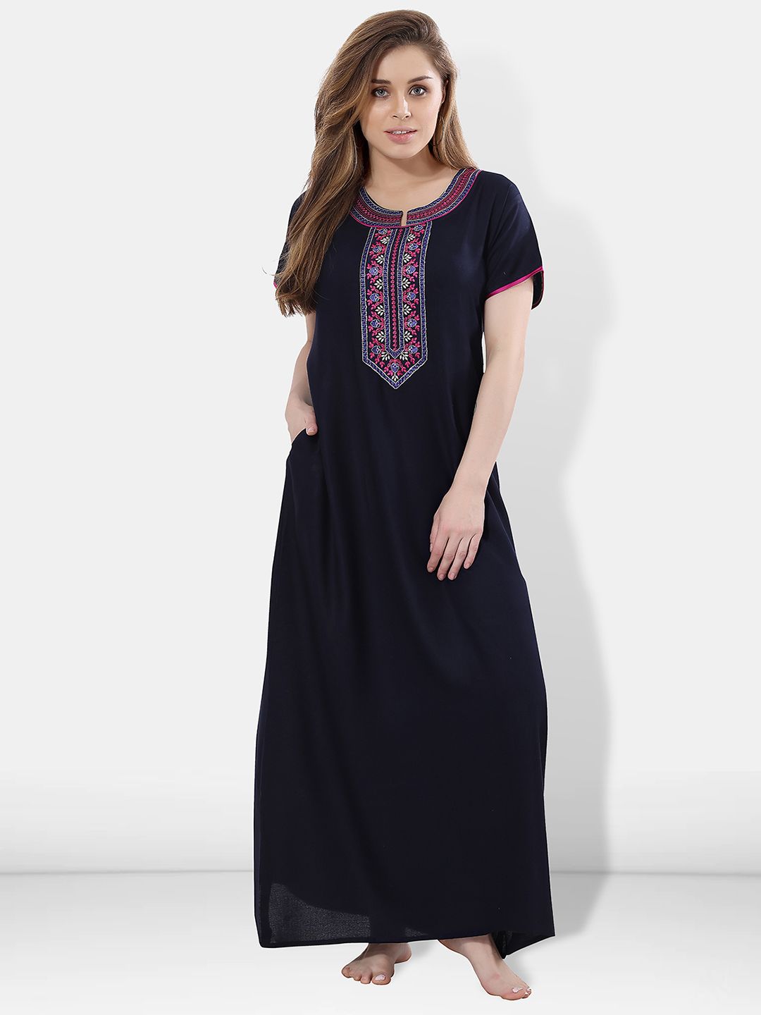 Be You Navy Blue Embroidered Maxi Nightdress