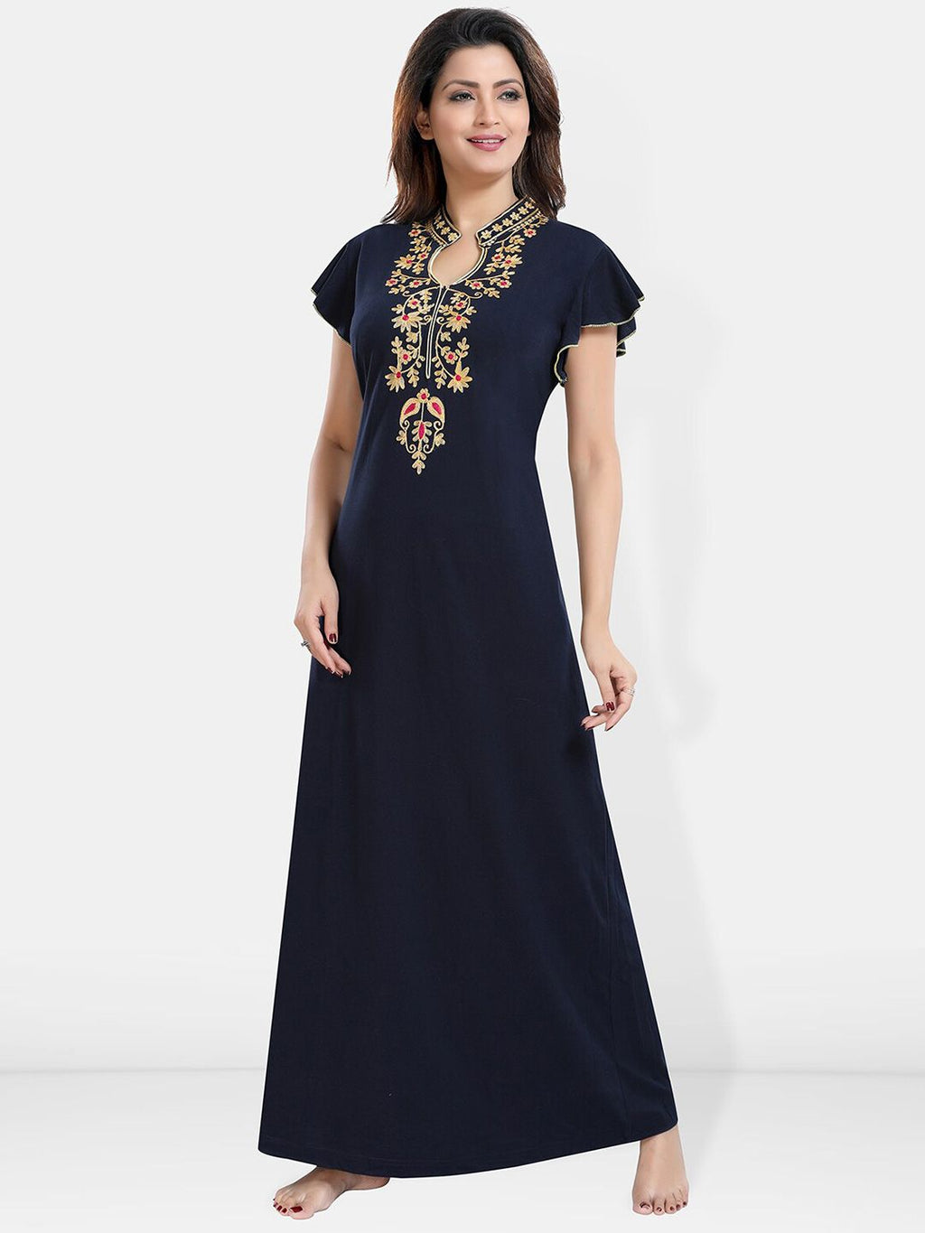 Be You Floral Embroidered Mandarin Collar Maxi Nightdress