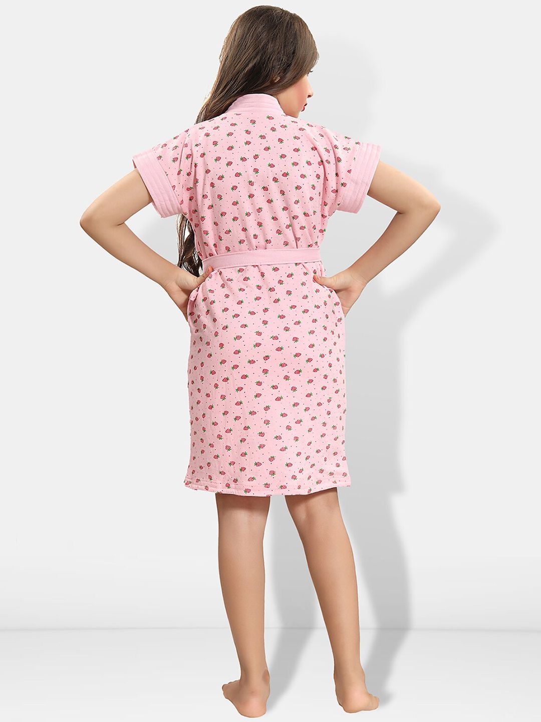 Pink Conversational Cotton Drawstring Knee Length Bath Robe