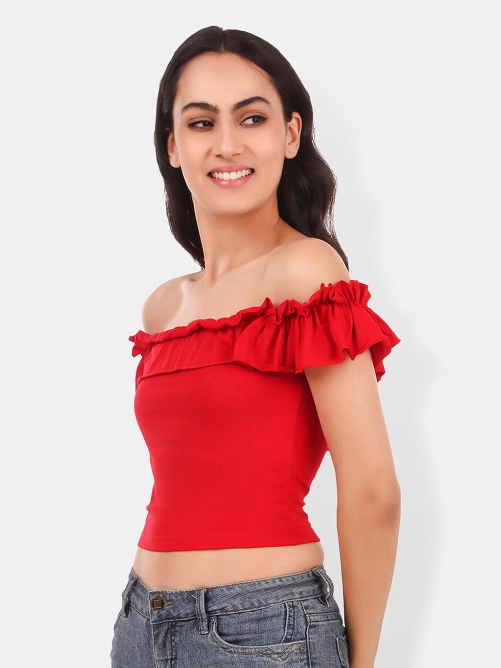 Off-Shoulder Ruffles Cotton Bardot Crop Top