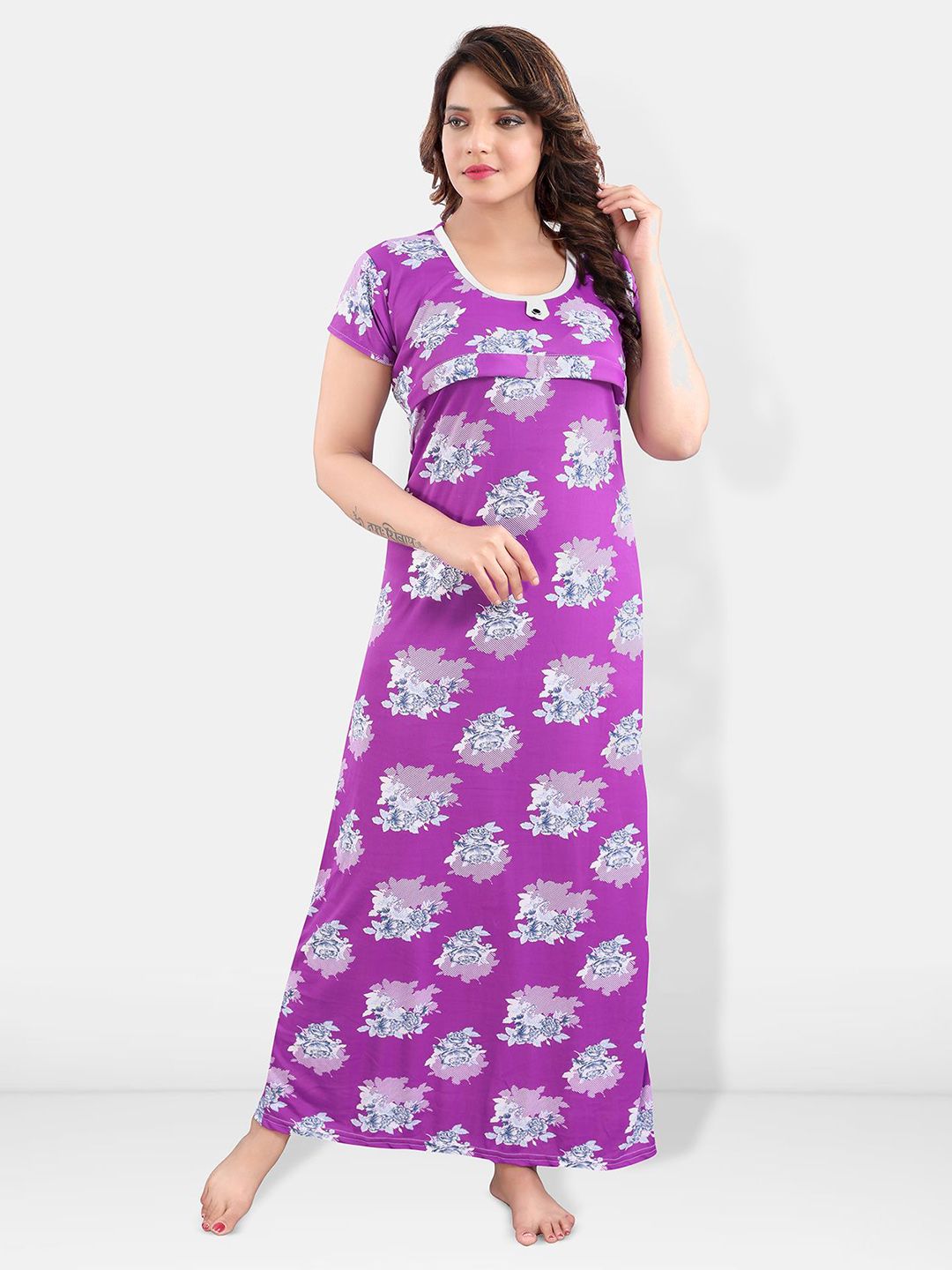 Floral Printed Satin Maternity Maxi Sweat Nightdress
