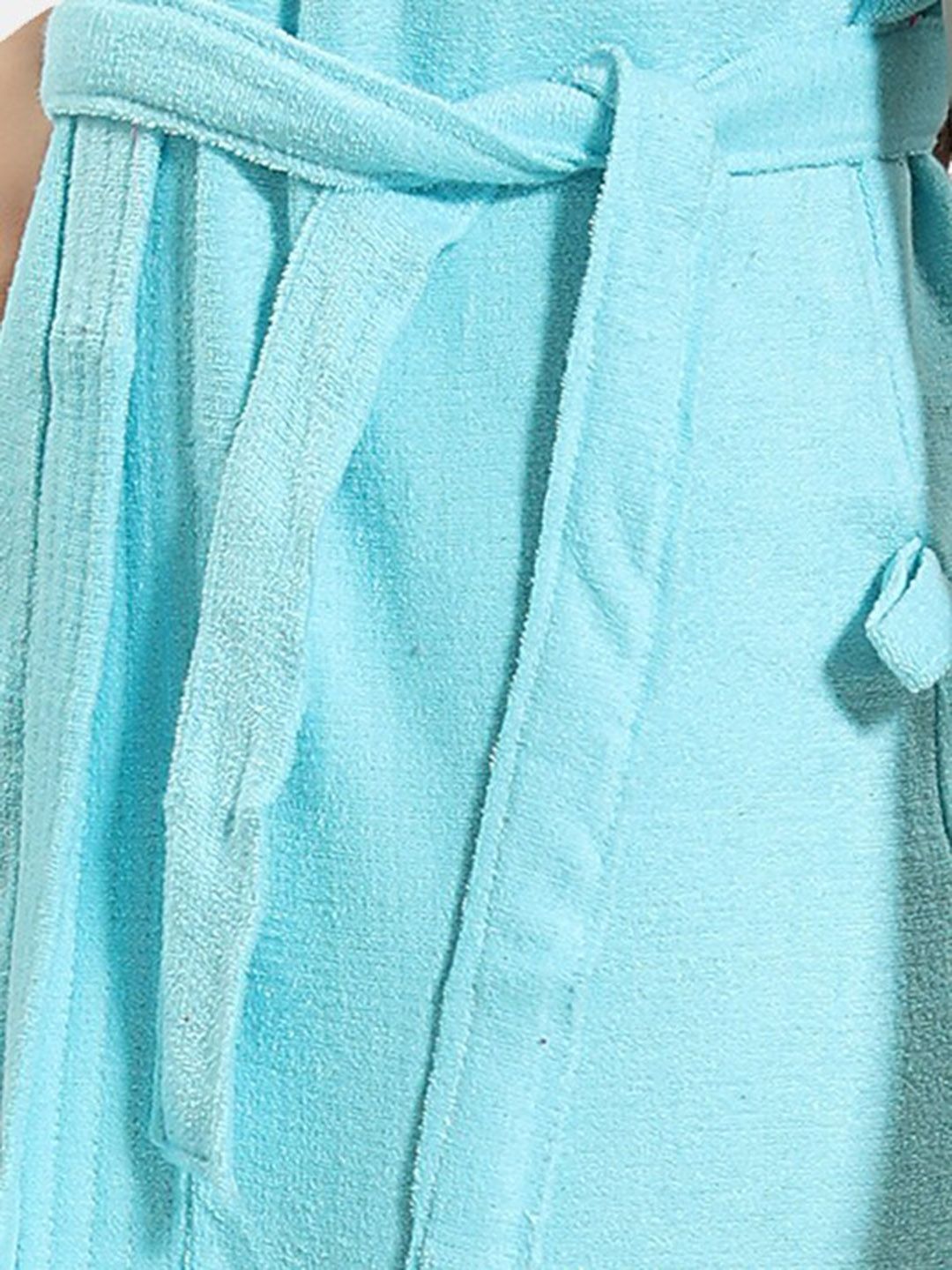 Blue Solid Cotton Drawstring Knee Length Bath Robe