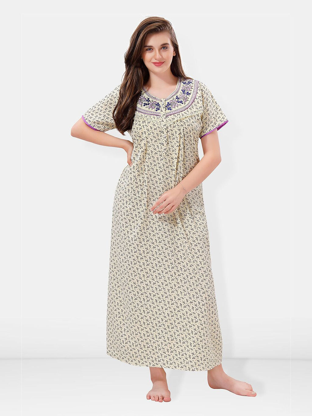 Be You Floral Printed Embroidered Maxi Nightdress