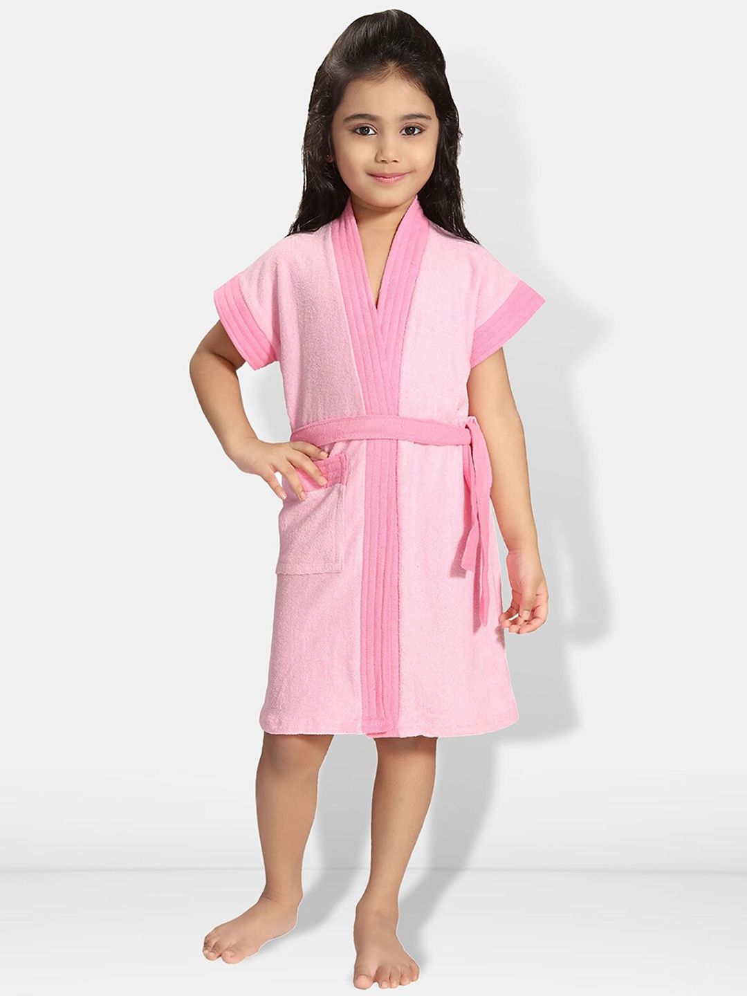 Be You Two-Tone Pink Solid Cotton Drawstring Knee Length Bath Robe