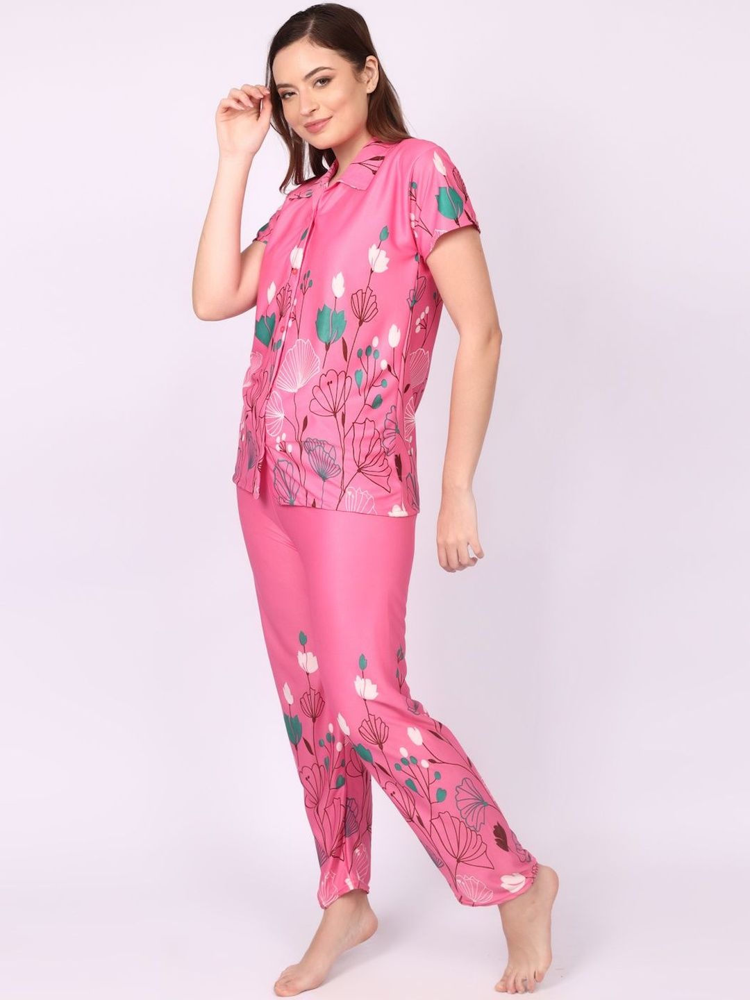 Women Floral Printed Top & Pyjama Night suit