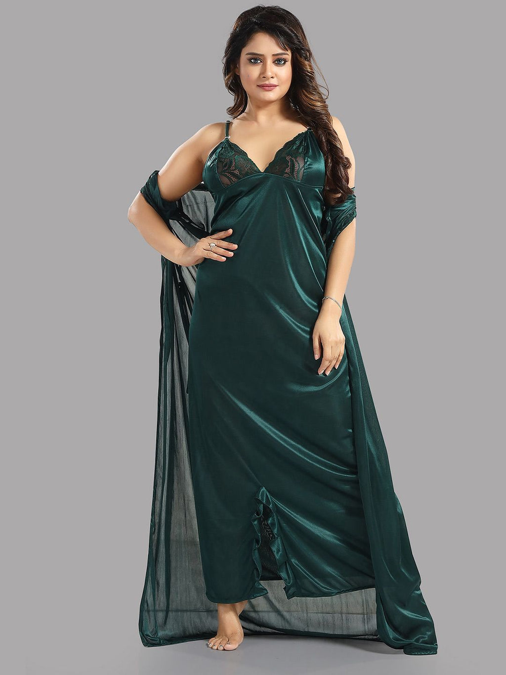 V-Neck Satin 6 Pieces Maxi Nightdress
