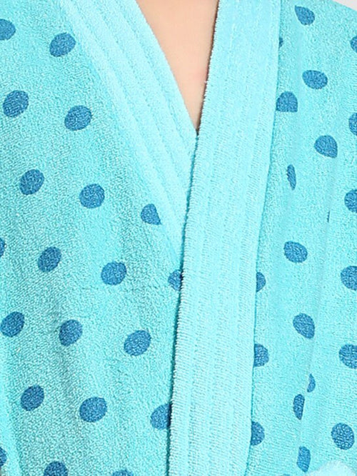 Blue Polka Dots Cotton Drawstring Knee Length Bath Robe