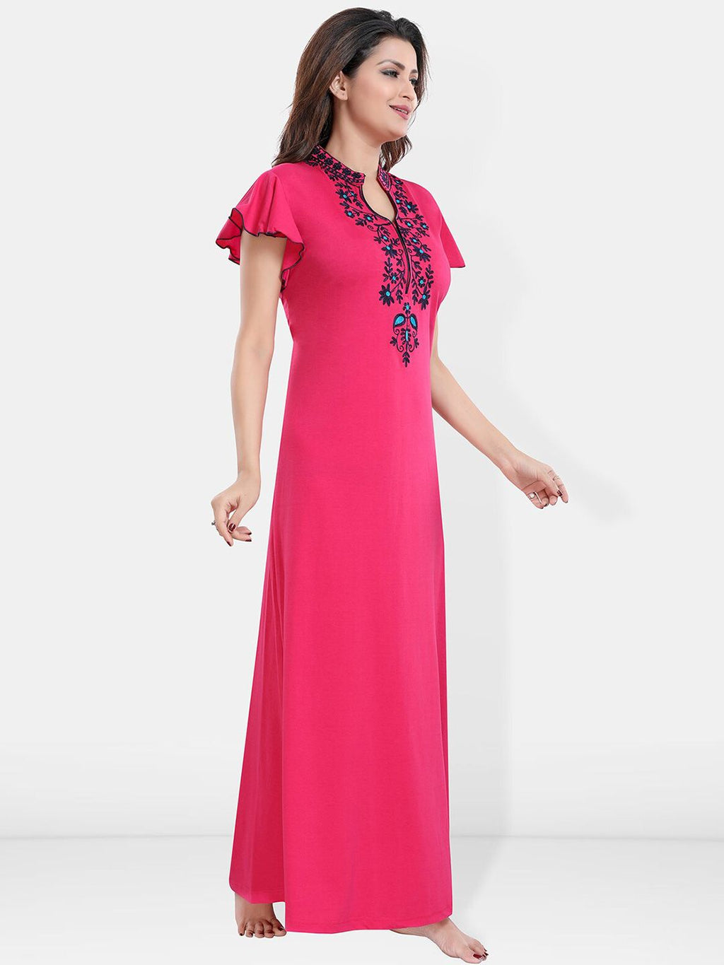 Floral Embroidered Mandarin Collar Maxi Sweat Nightdress