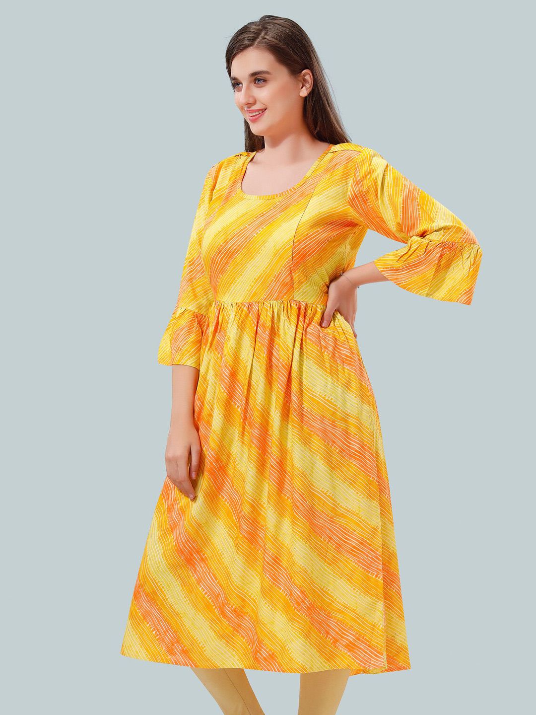 Women Leheriya Printed Bell Sleeves Maternity Kurta