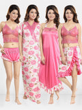 Be You Set Of 5 Self Design Shoulder Strap Satin Maxi Nightdress