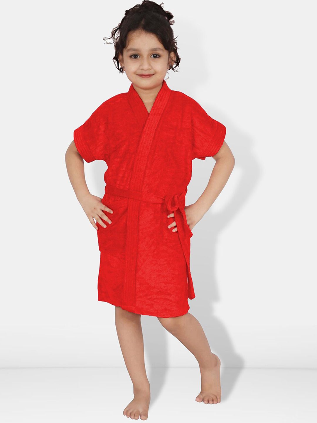 Red Solid Cotton Drawstring Knee Length Bath Robe
