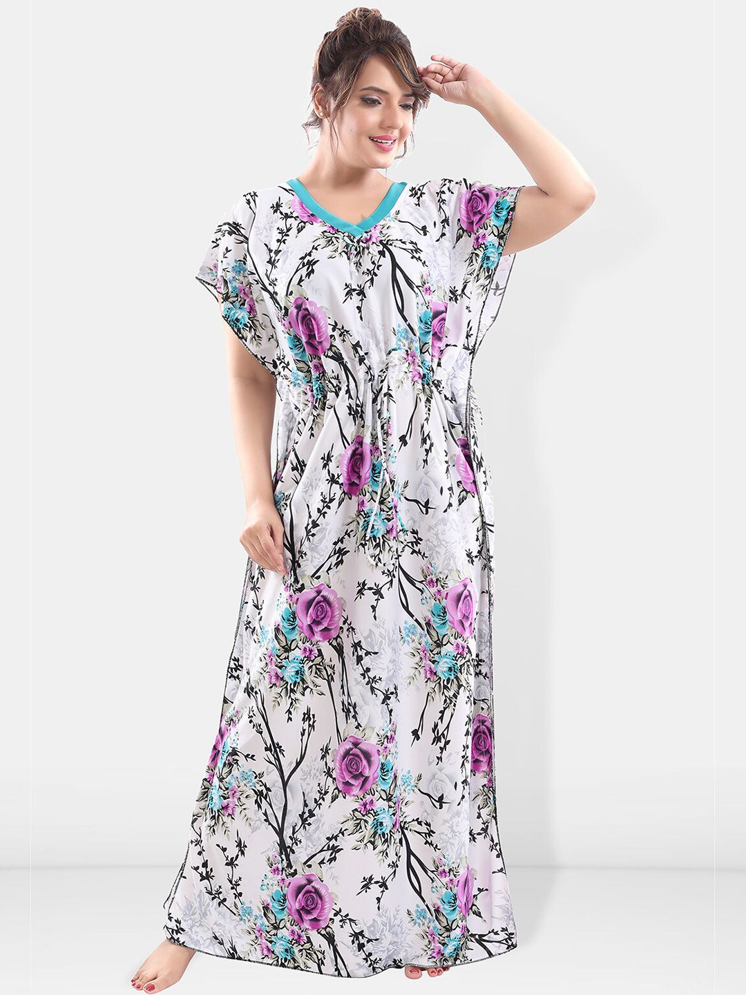 Be You Floral Printed Satin Maxi Kaftan Nightdress