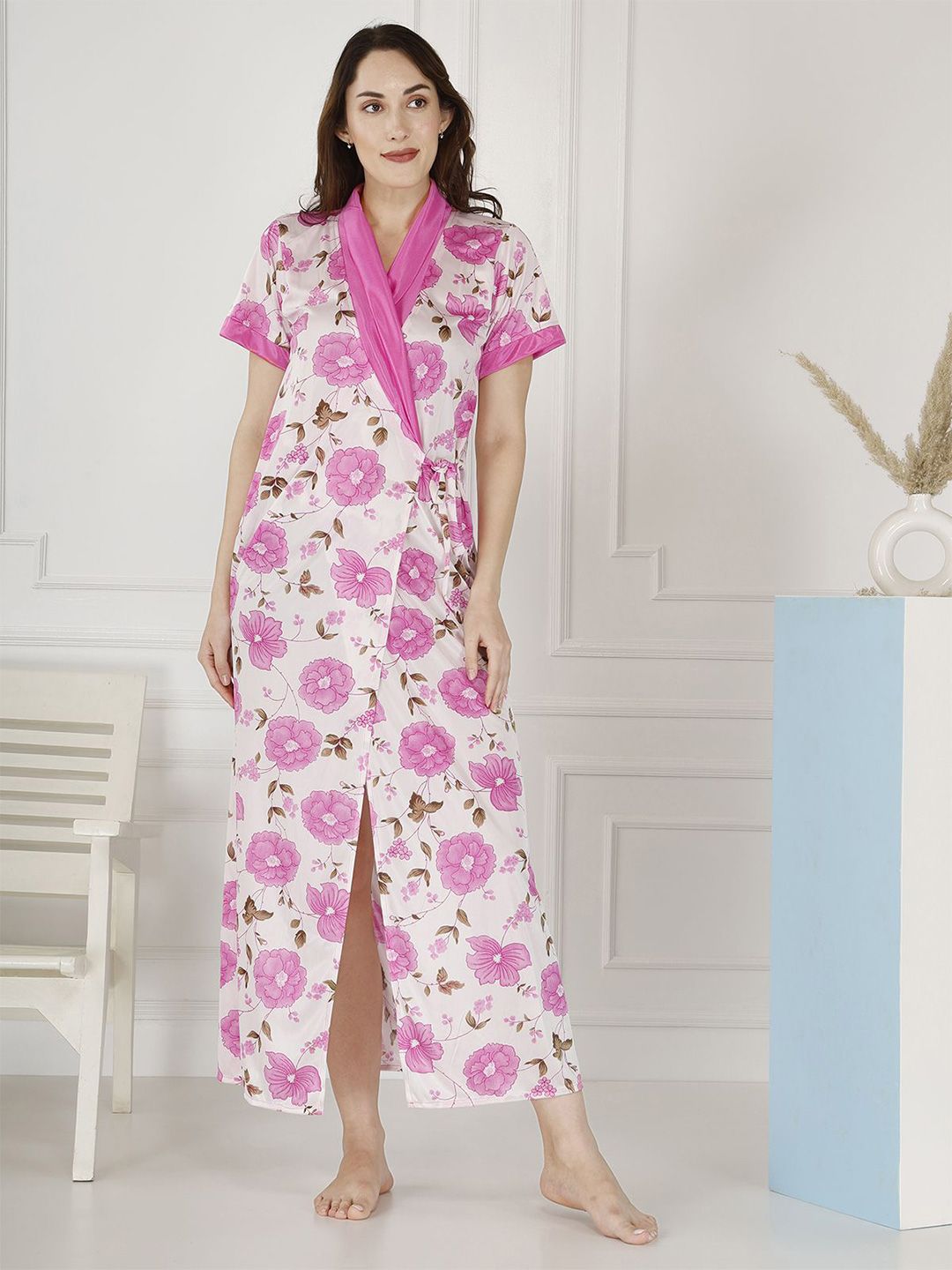 Be You Women Floral Printed Maxi Wrap Nightdress