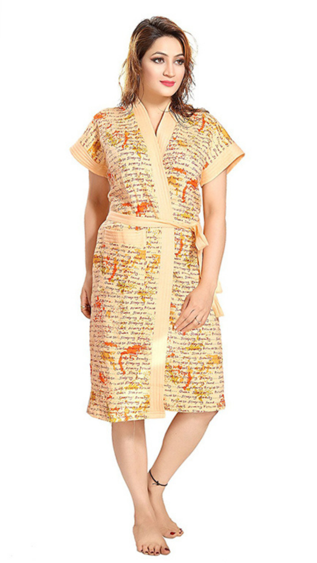Terry Cotton Printed Half Sleeves Pack of 1 Bath Robe for Women