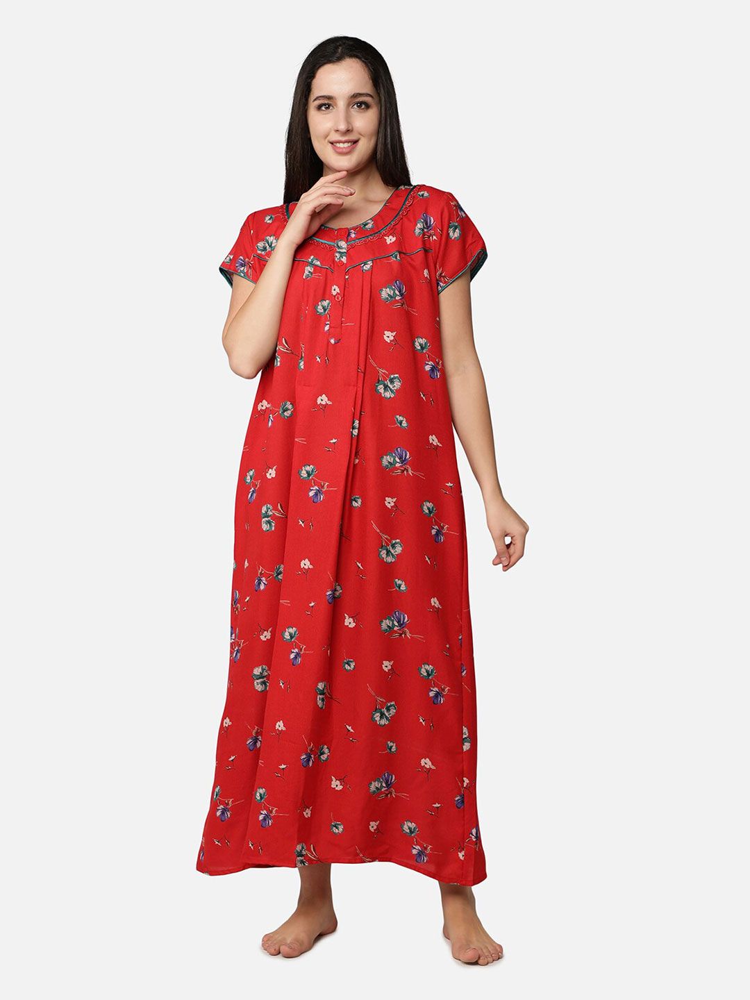 Be You Women Red & White Printed Maxi Maternity Nightdress