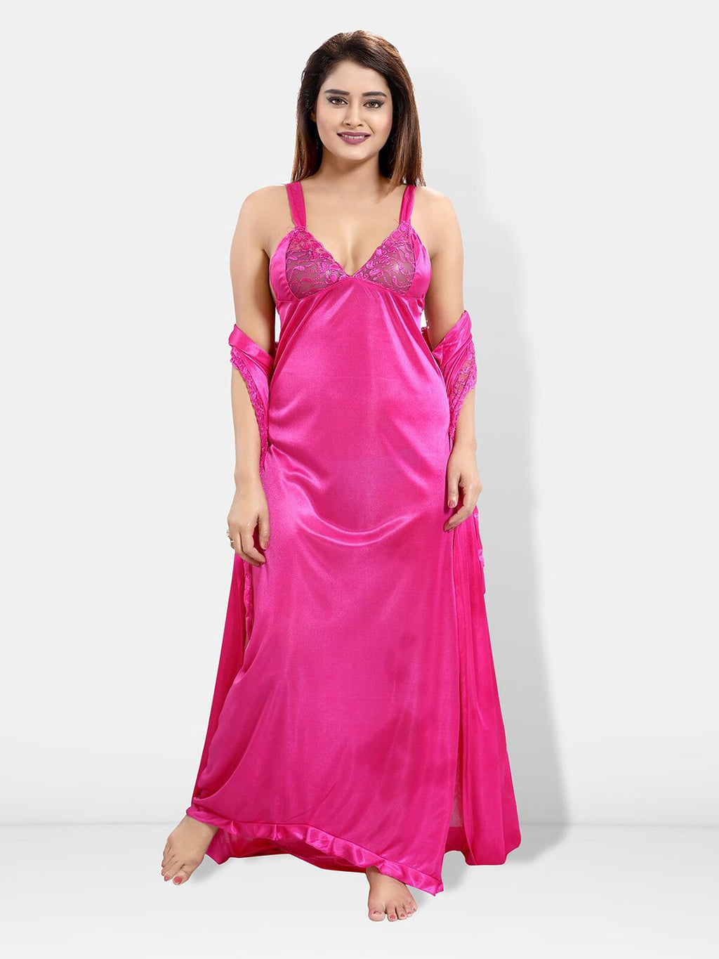 Pack Of 6 Satin Maxi Wrap Nightdress With Lingerie Set