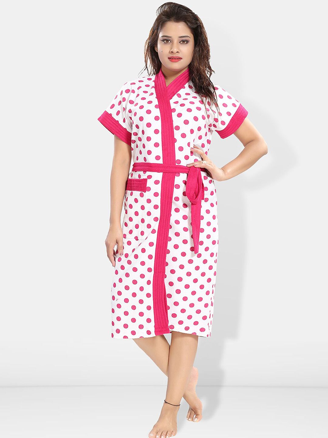 Be You Women Polka Dots Printed Terry Cotton Bath Robe With Belt
