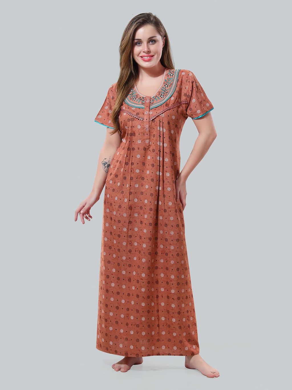 Be You Peach-Coloured Embroidered Maxi Nightdress