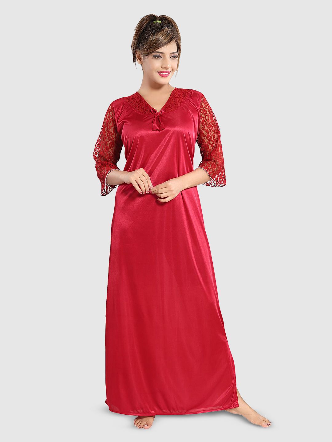 Be You Women Solid Satin Three-Quarter Sleeves Maxi Everyday Nightdress