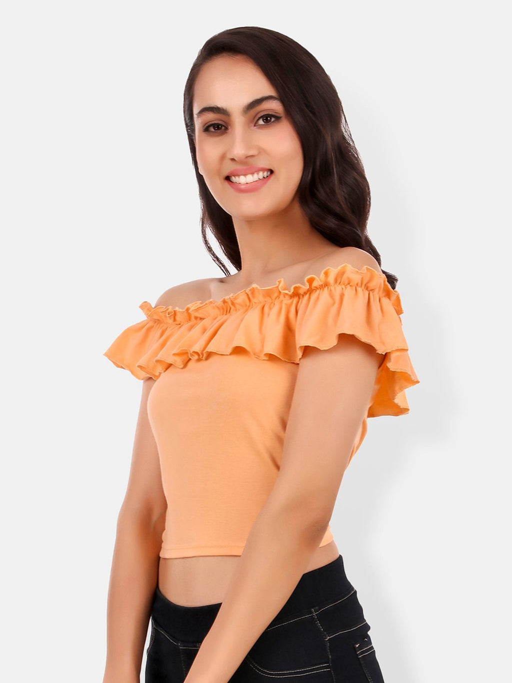 Off-Shoulder Flutter Sleeve Ruffles Cotton Bardot Crop Top
