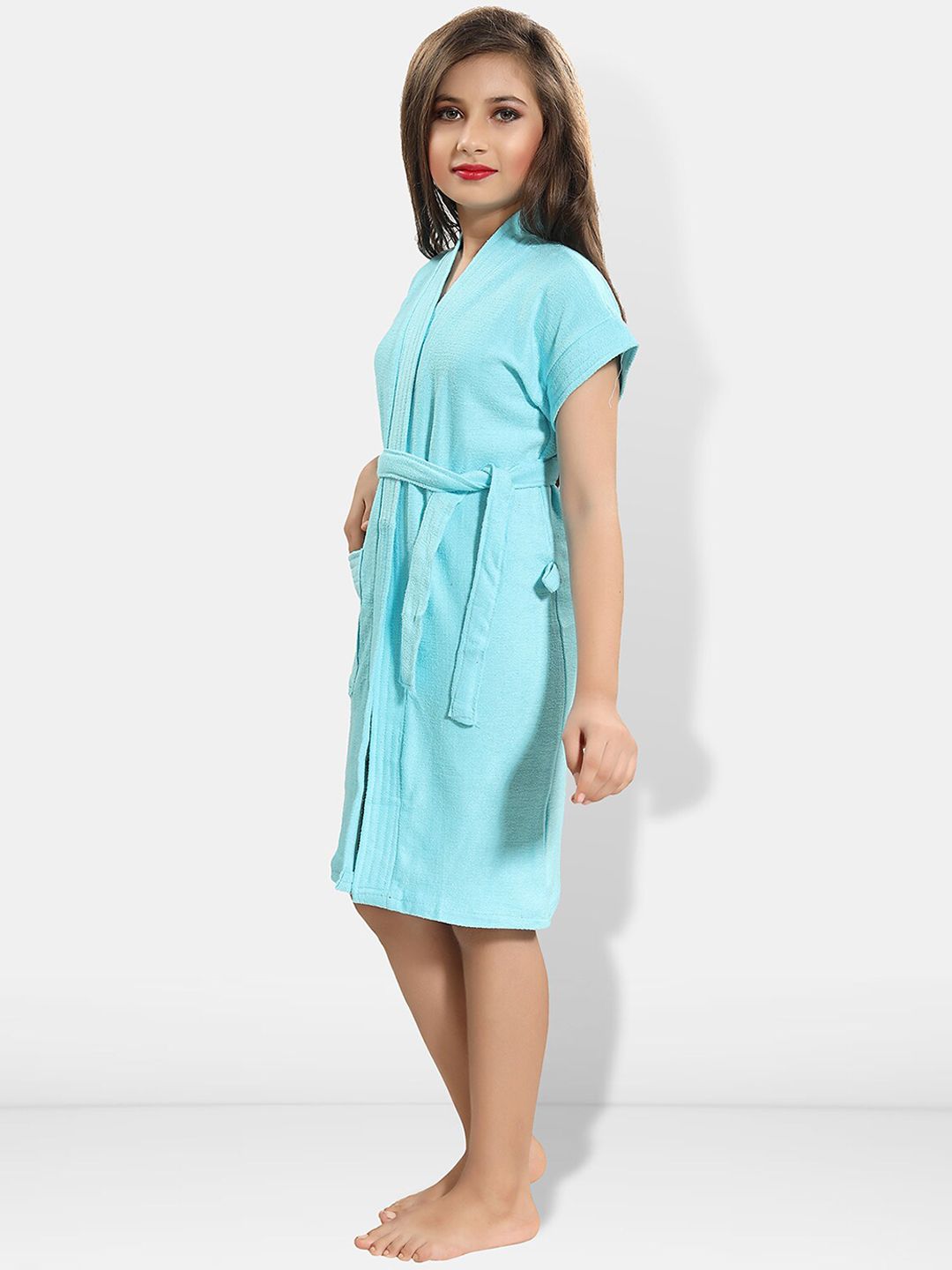 Blue Solid Cotton Drawstring Knee Length Bath Robe