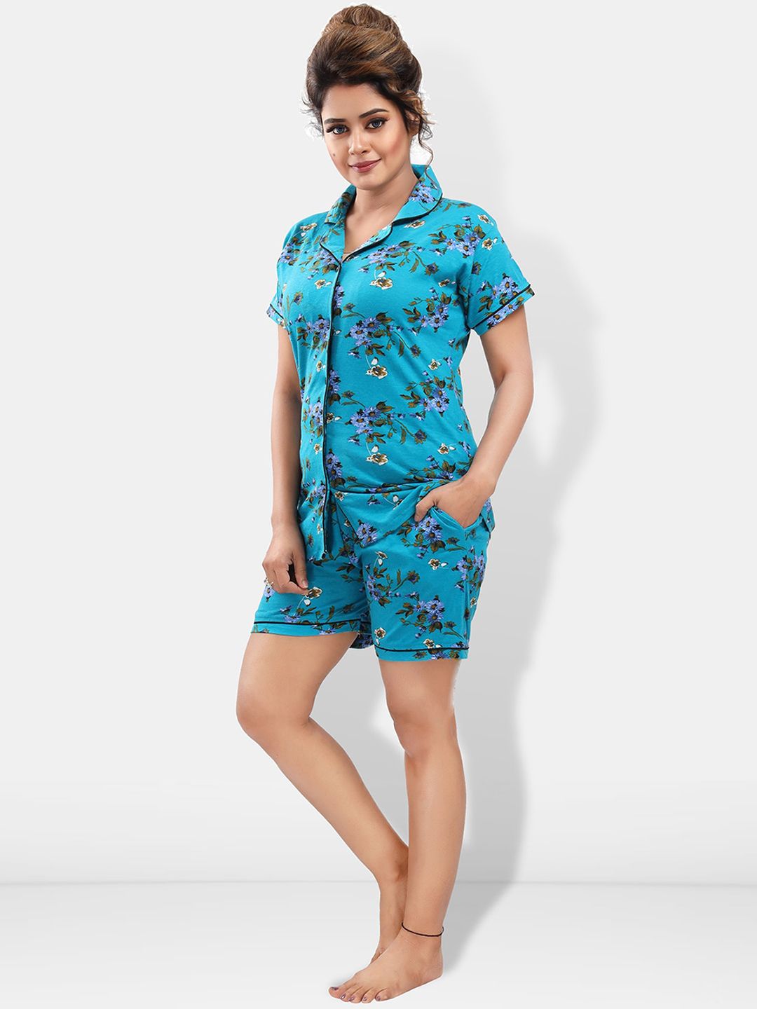 Pack Of 2 Lapel Collar Floral Printed Night Suits