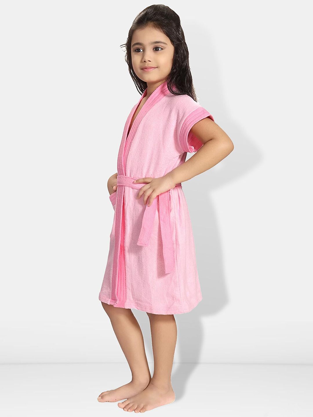 Two-Tone Pink Solid Cotton Drawstring Knee Length Bath Robe