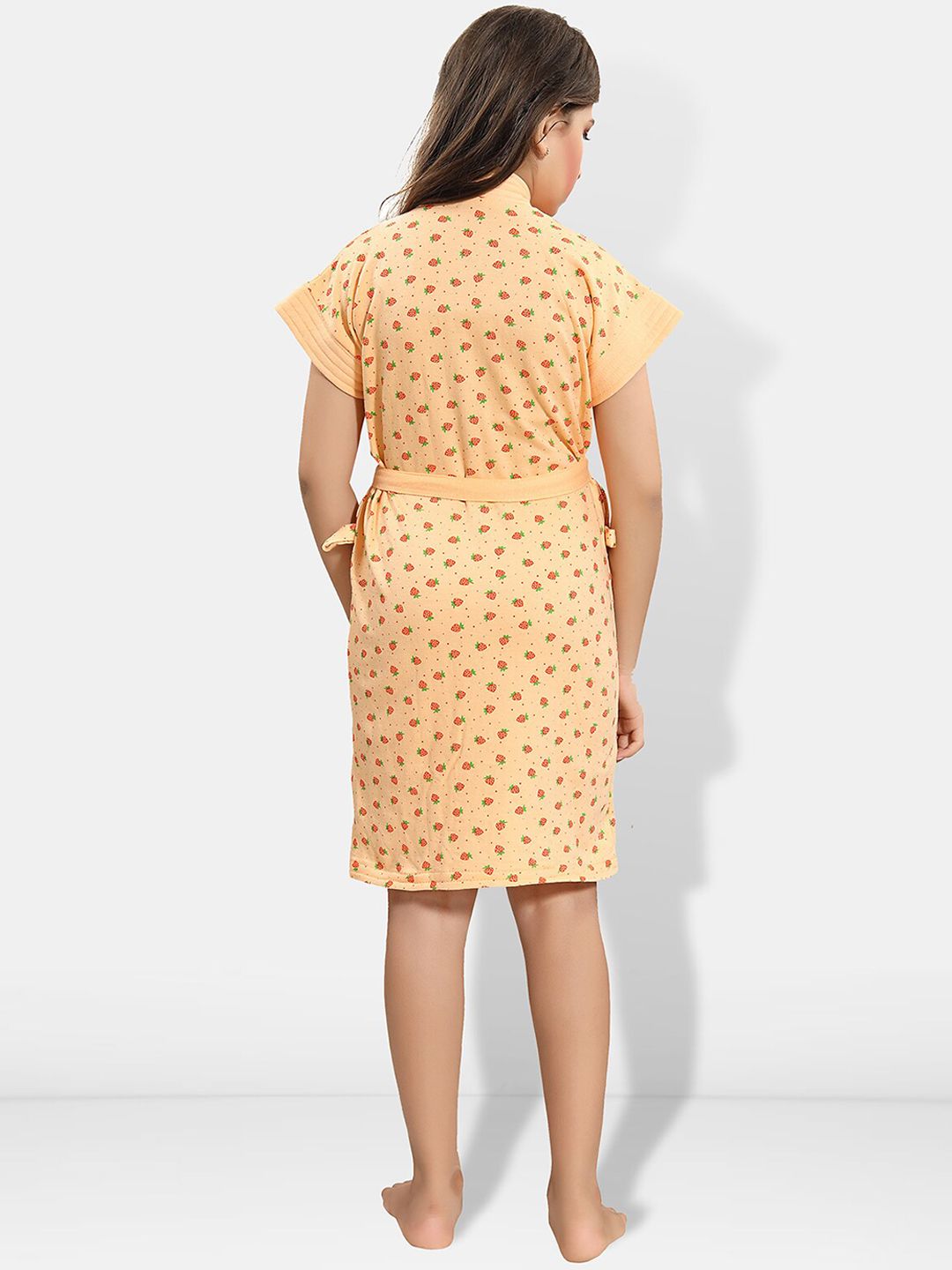 Strawberry Print Peach Conversational Cotton Drawstring Knee Length Bath Robe