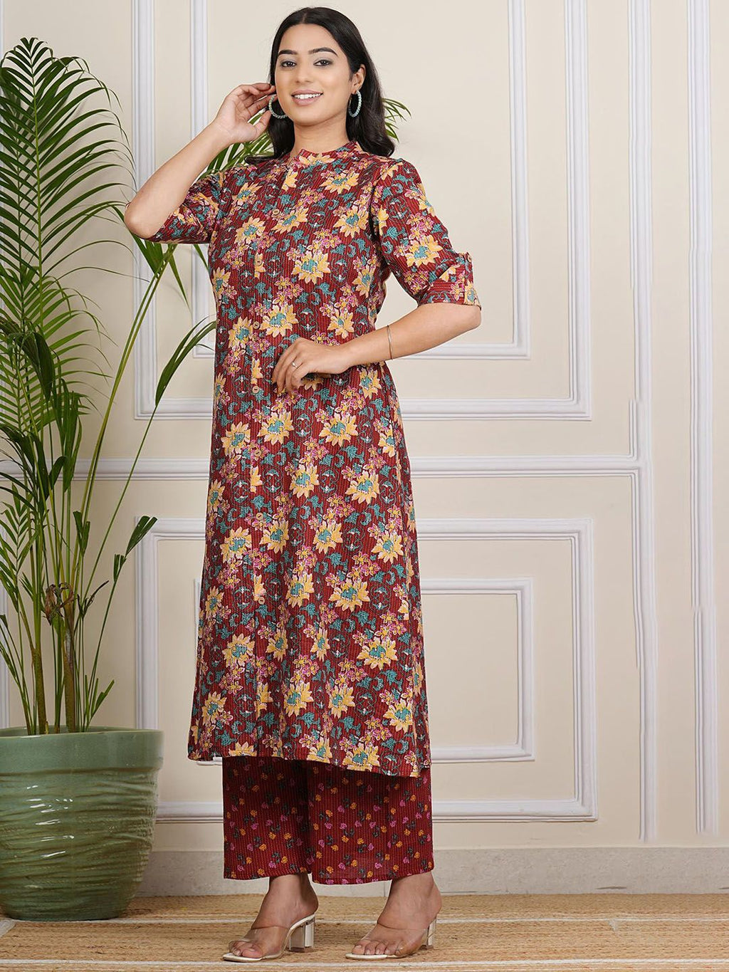 Floral Printed Band Collar A-line Kurta With Palazzos