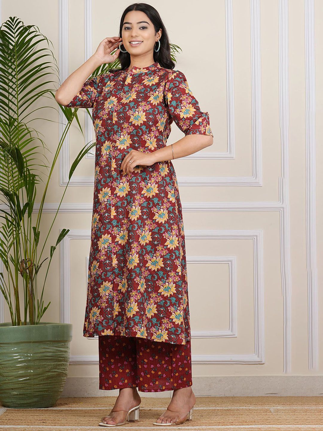 Floral Printed Band Collar A-line Kurta With Palazzos