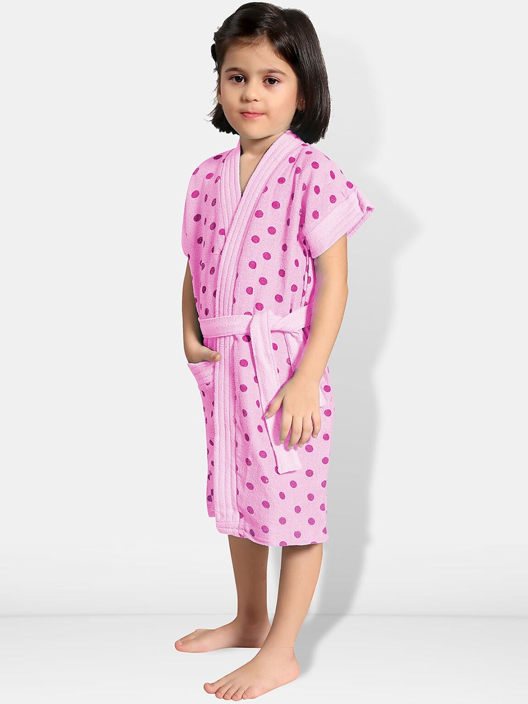 Be You Pink Polka Dots Cotton Drawstring Knee Length Bath Robe