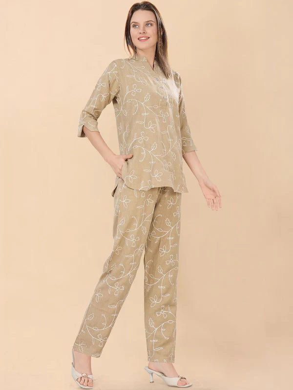 Beige Embroidered Tunic & Trousers