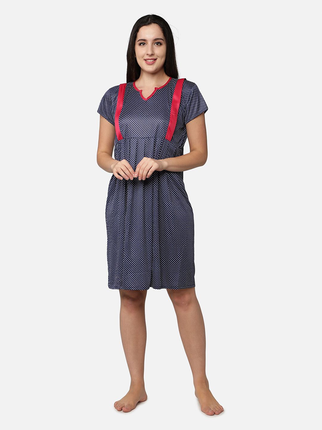 Be You Women Navy Blue Printed Maternity Nightdress