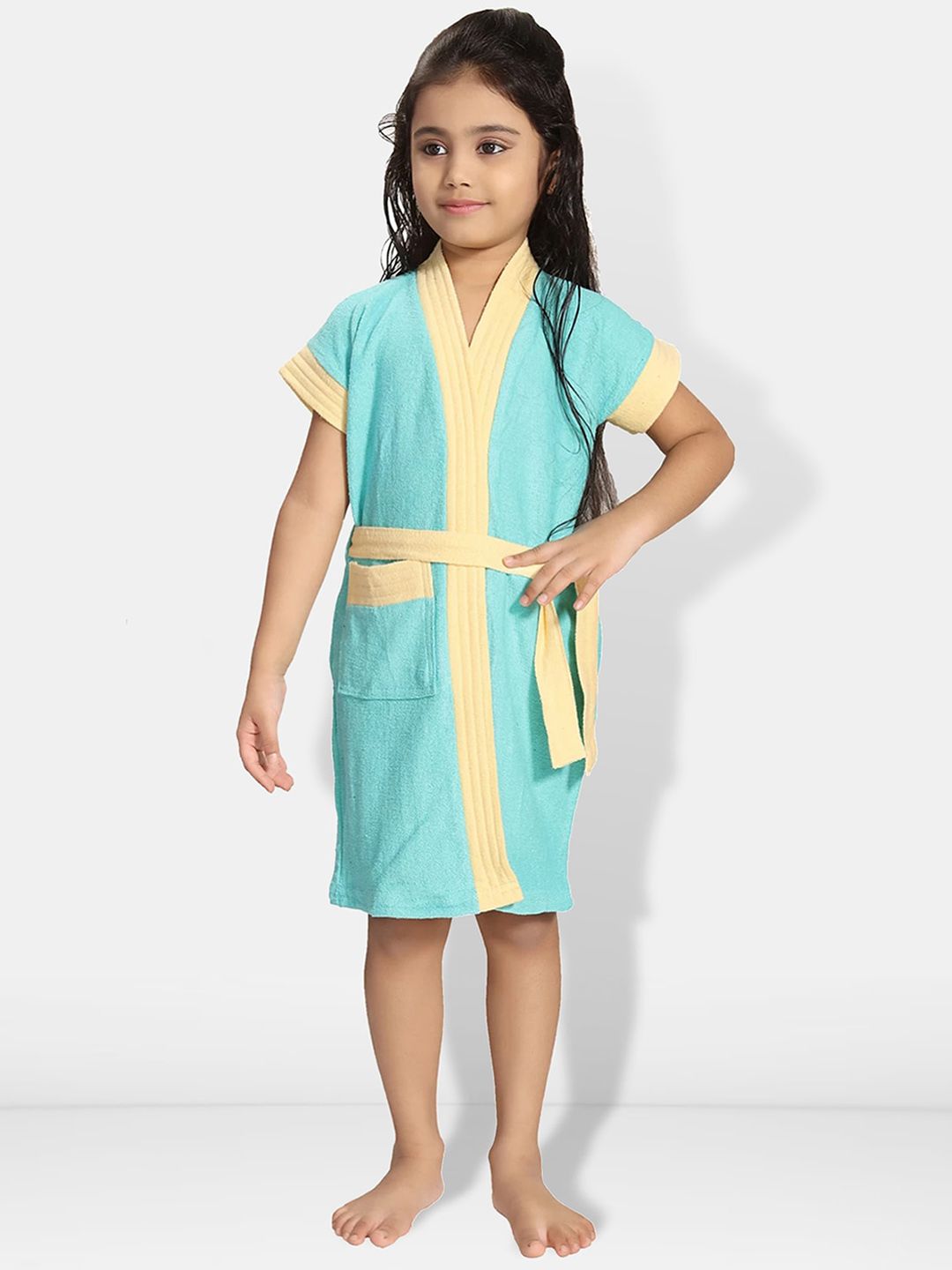 Be You Two-Tone Blue Solid Cotton Drawstring Knee Length Bath Robe