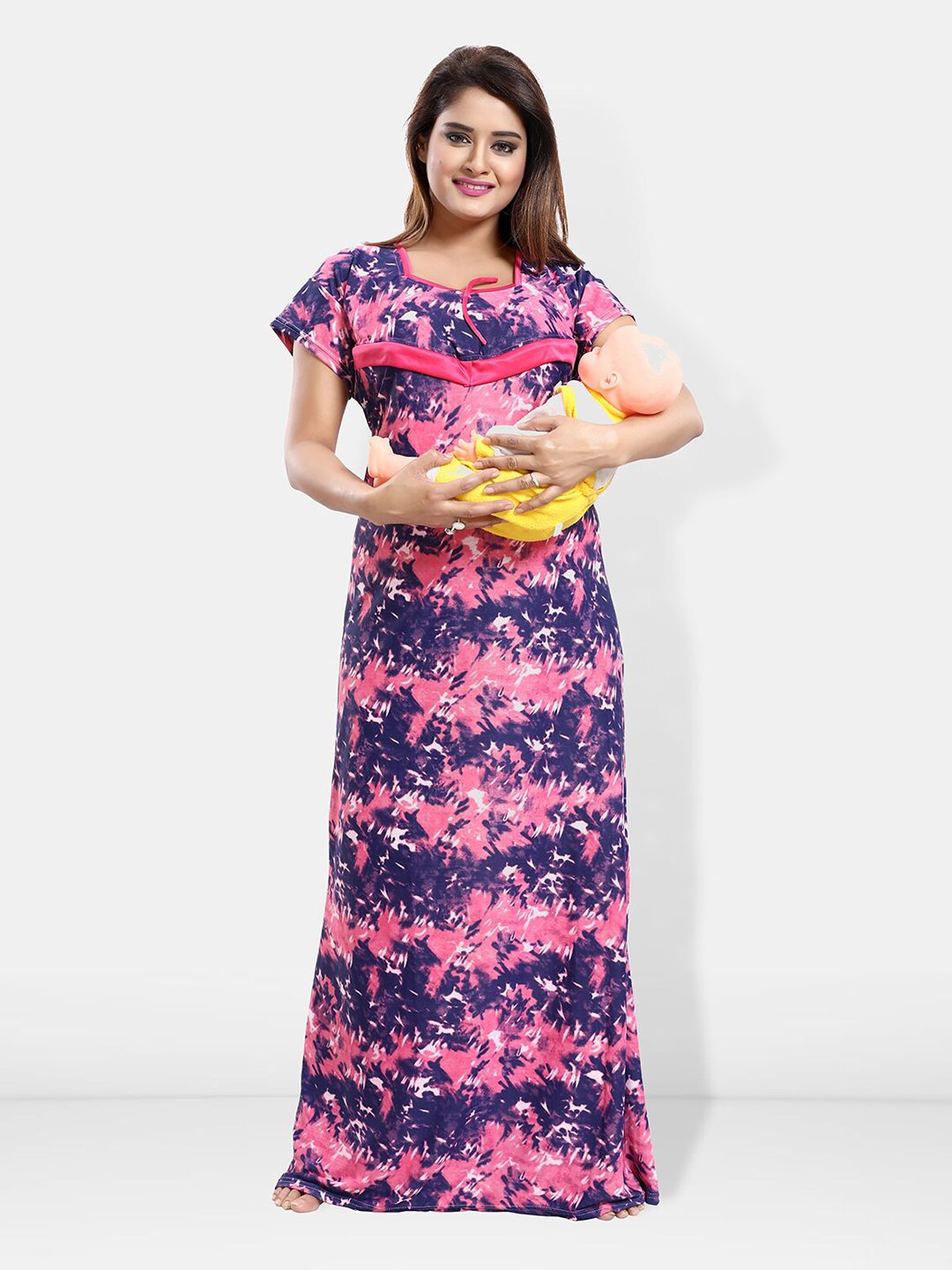 Be You Abstract Printed Satin Maternity Maxi Sweat Nightdress