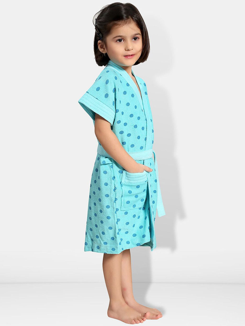 Blue Polka Dots Cotton Drawstring Knee Length Bath Robe