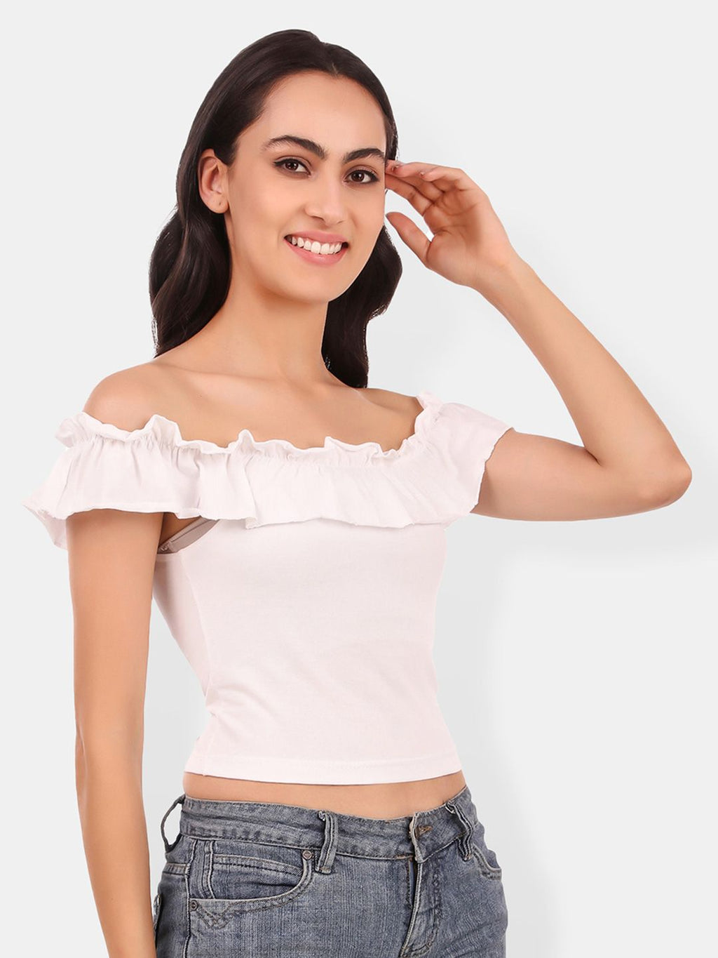 Off-Shoulder Ruffles Cotton Bardot Crop Top