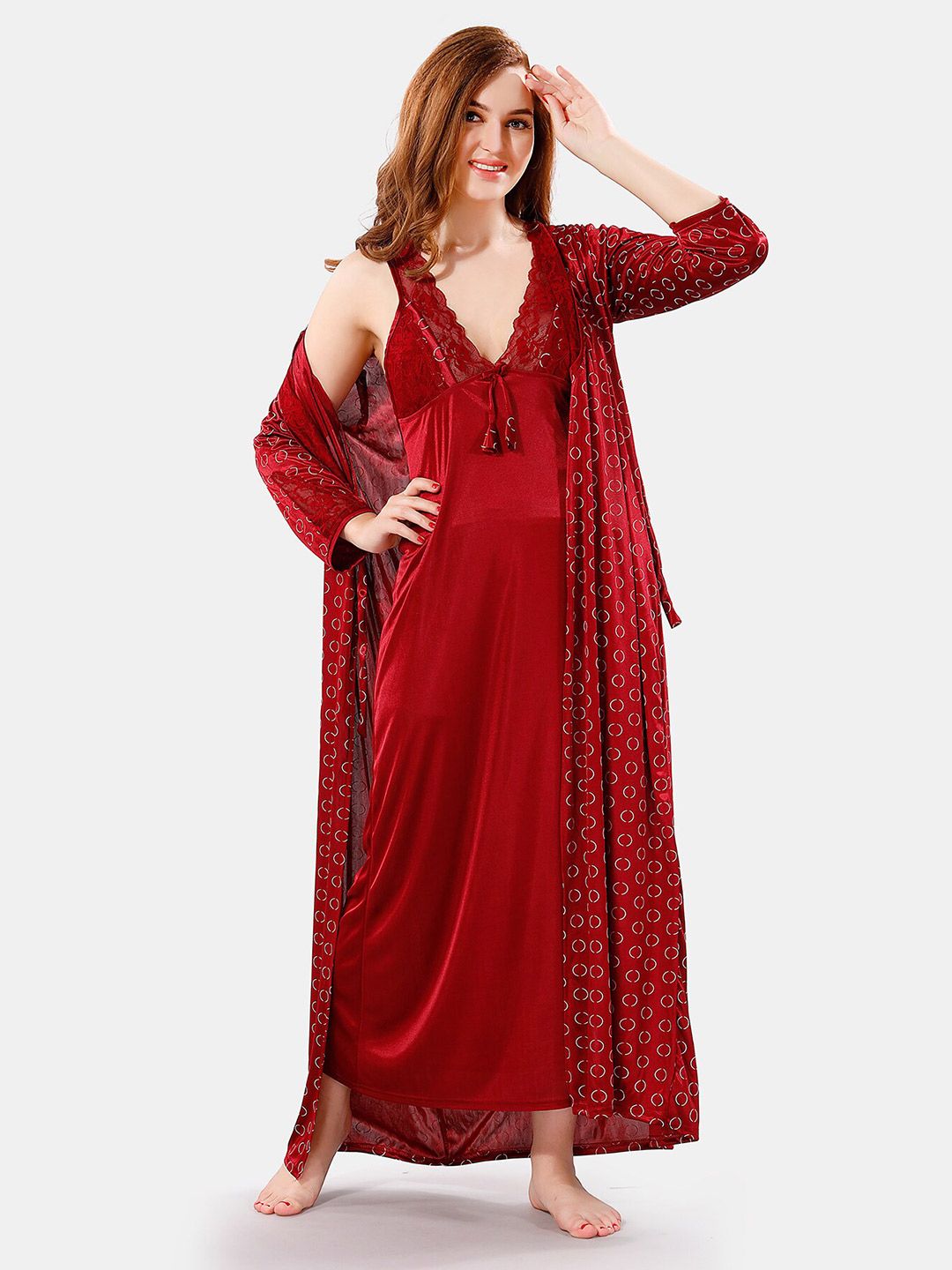 Be You V Neck Lace Satin Maxi Nightdress With Robe
