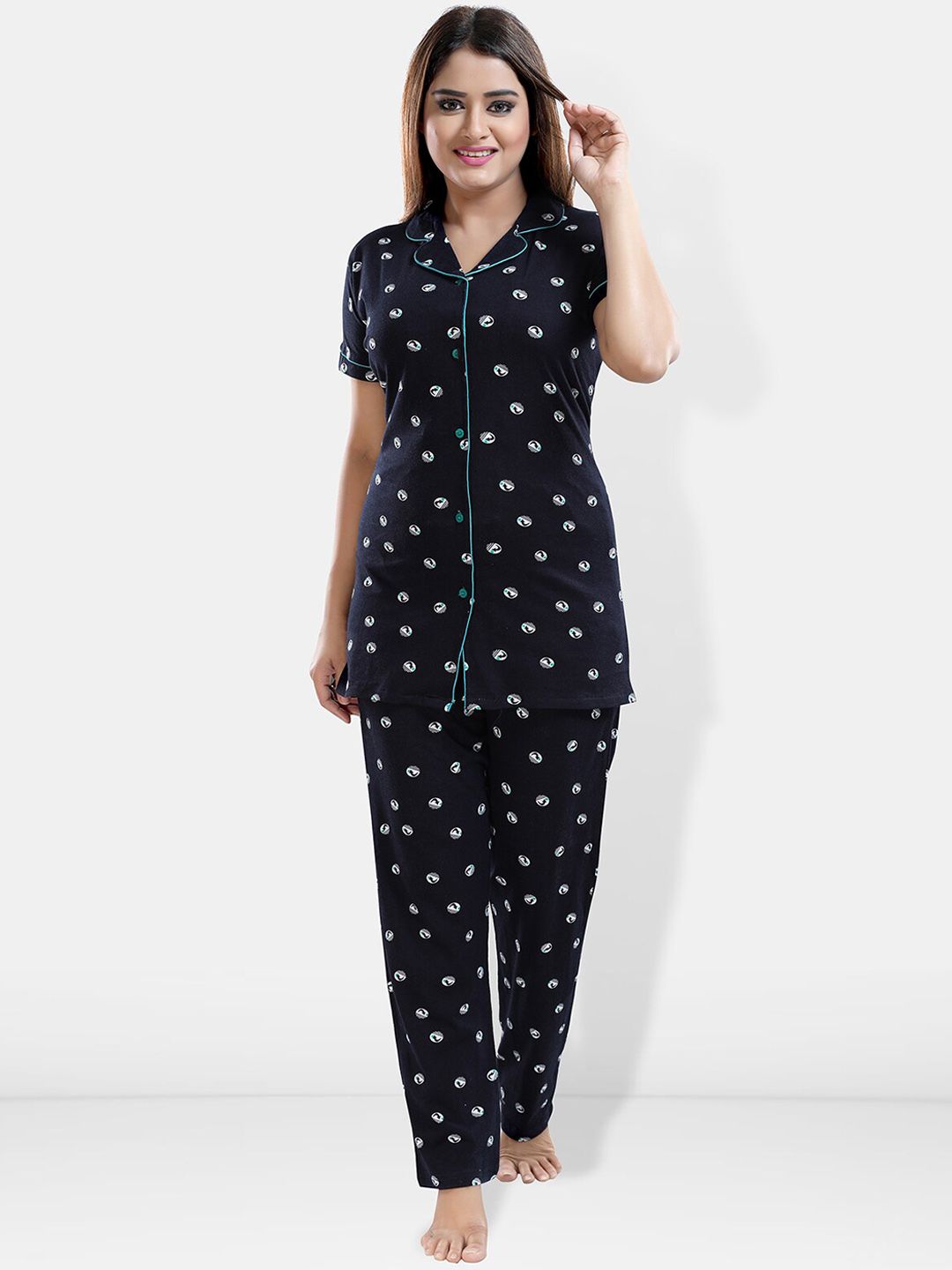Be You Geometric Printed Lapel Collar Night Suit