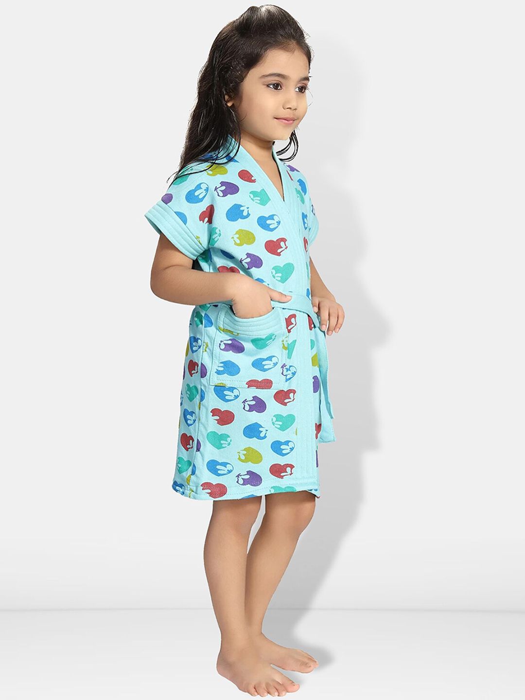 Hearts Blue Conversational Cotton Drawstring Knee Length Bath Robe