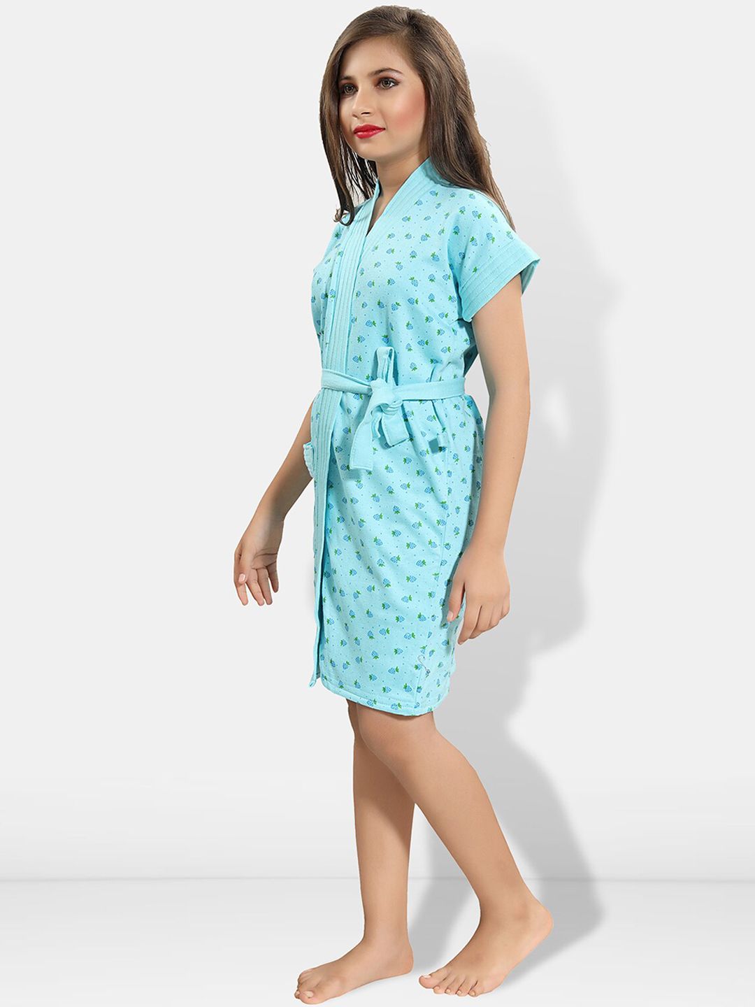 Blue Conversational Cotton Drawstring Knee Length Bath Robe