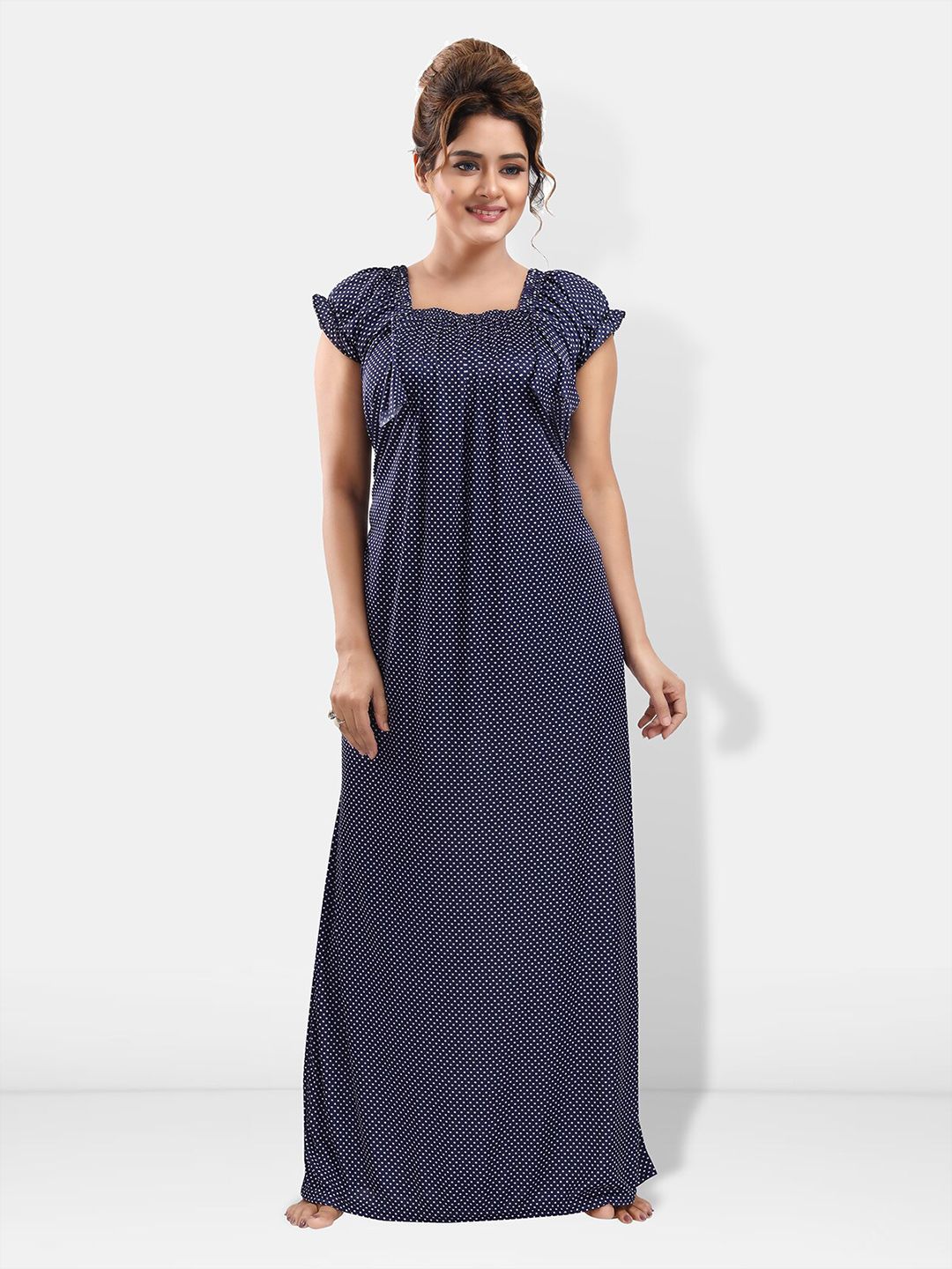 Be You Polka Dot Printed Square Neck Satin Maxi Nightdress
