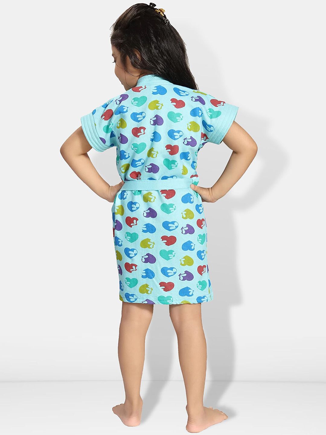 Hearts Blue Conversational Cotton Drawstring Knee Length Bath Robe