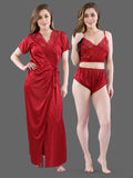 Be You Women  Maroon  Solid Satin 3 Piece Nightwear Set