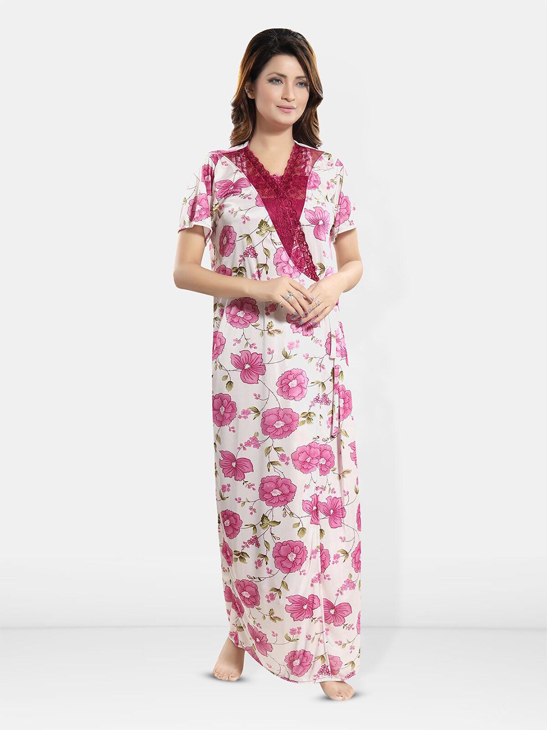 Be You Floral Printed Short Sleeves Satin Maxi Robe